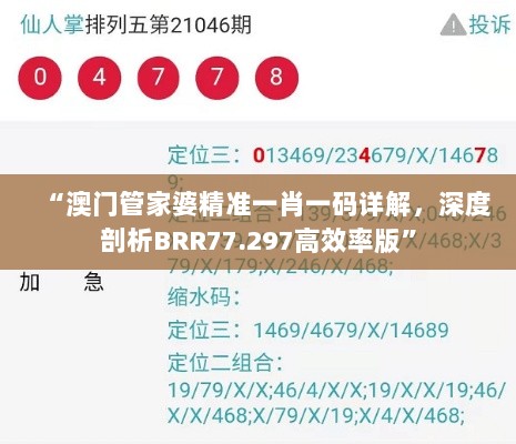 “澳门管家婆精准一肖一码详解，深度剖析BRR77.297高效率版”